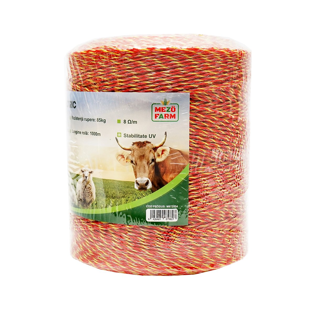 Rola fir galben-rosu fi 2mm insertie metalica 6x0.15mm SS, rezistenta 8 Ohm/m, 1000m gard electric Mezofarm